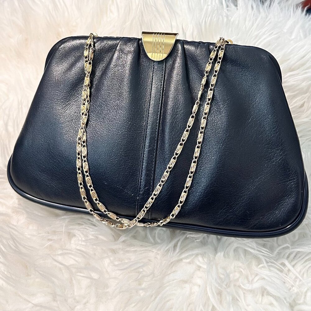 Vintage ETRA Genuine Leather Clutch Bag Purse Midnight Blue Navy Gold Chain